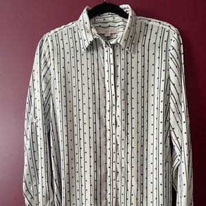 Loft: Camp shirt white with black stripes and black velvet flocked dots. Size .